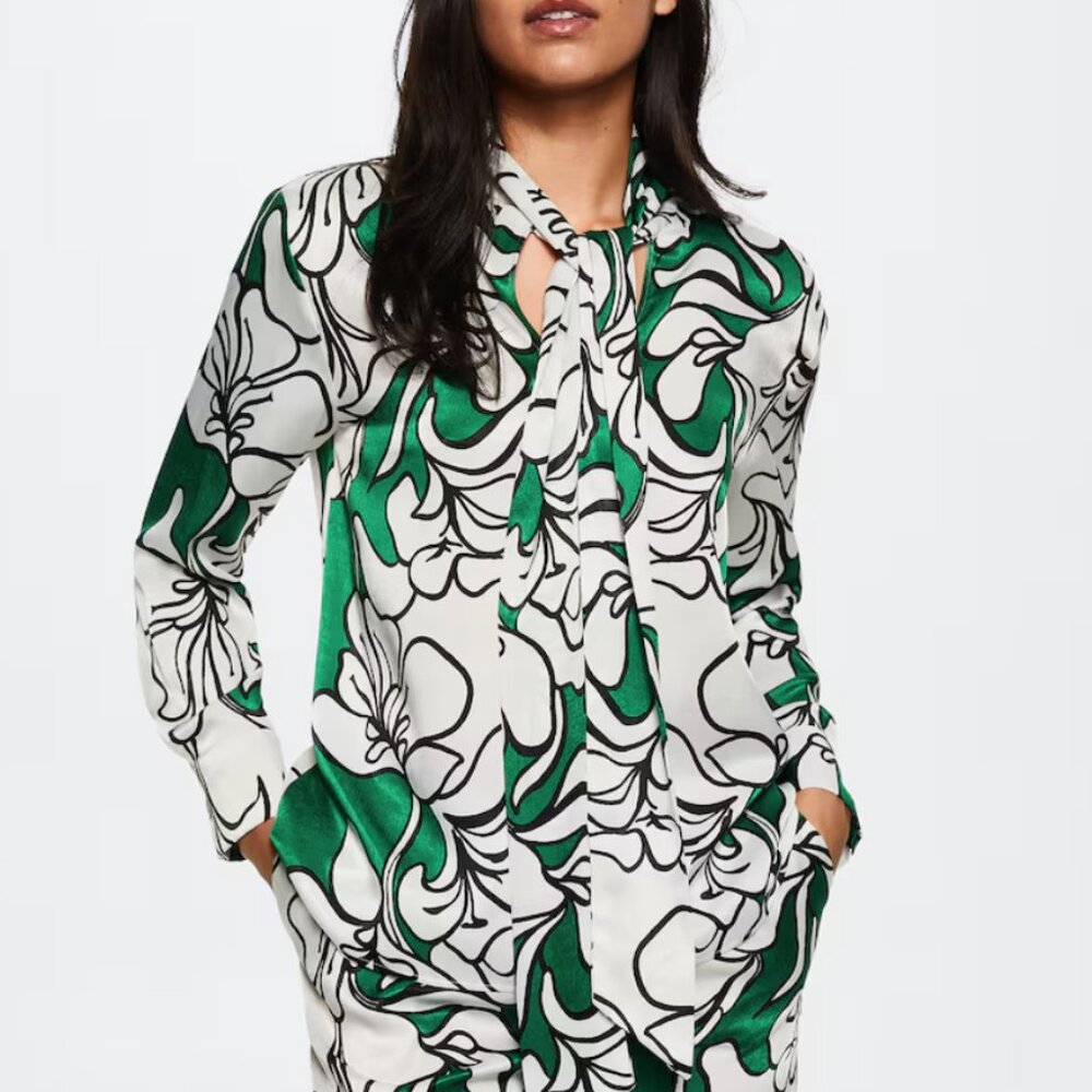 Mango Silky Statement Blouse in Green & White Florals, Size 4
